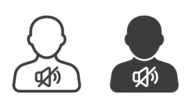 Muted Profile Icon: Two stylized human figures, one outlined and one solid silhouette, displaying a muted speaker symbol over the chest, represent silence or being unheard.