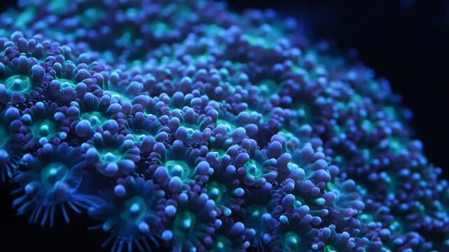 Close up of vibrant blue and green coral polyps glowing underwater while teeming with marine life