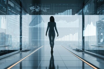 Fototapeta premium Businesswoman walks through financial dashboard in modern skyscraper