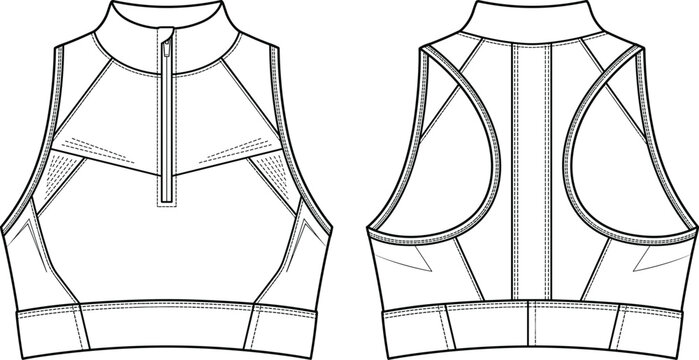 Technical flat sketch of sleeveless athletic crop top sports bra with zipper neckline, racerback design, seam panels, and wide band