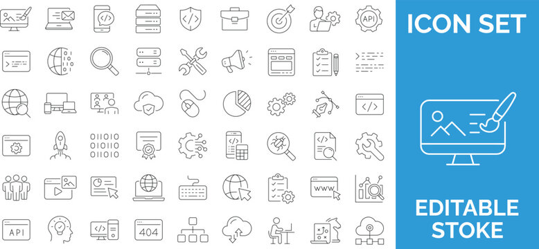 Website development, software engineering and programming line icons, coding outline vector symbol collection with editable stroke.