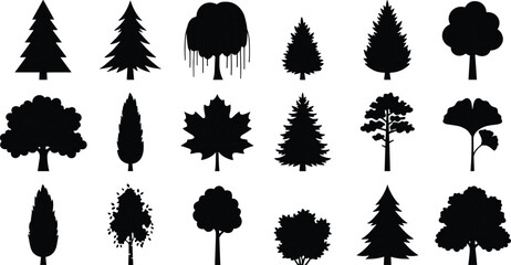 Collection of Various Forest Tree Silhouettes Featuring Diverse Leaf Shapes and Coniferous Evergreens for Nature Projects, Landscape Design, and Environmental Graphics © MSTNusrat