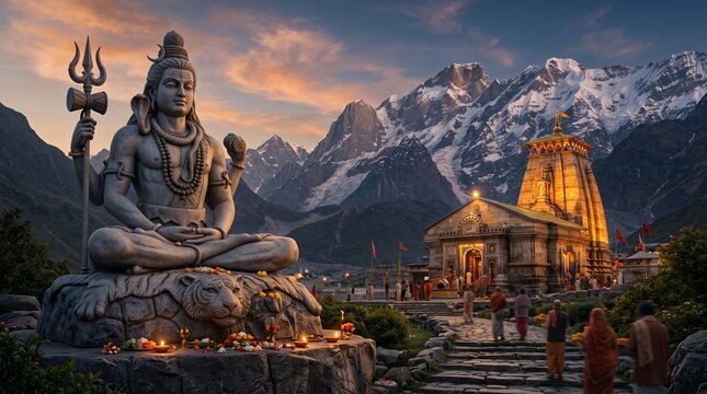 Majestic shiva statue and kedarnath temple with himalayan backdrop panorama
