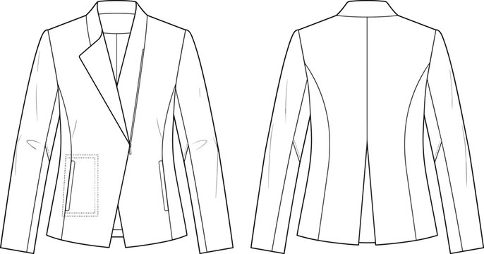Technical flat sketch of tailored blazer with notched lapel collar, single breasted closure, patch pocket, and contoured seams
