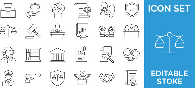 Law and justice legal system icons set for courtroom procedures advocacy and legislative services design.