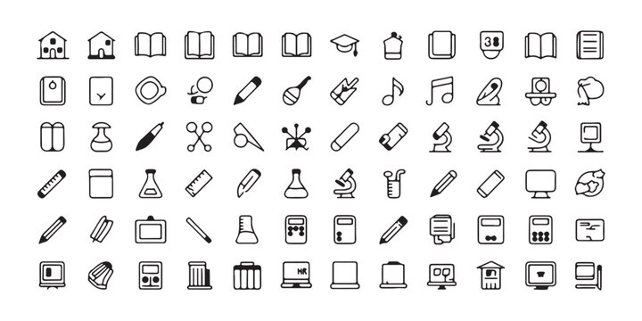 Educational thin line icons set featuring school supplies science lab equipment and classroom stationery.