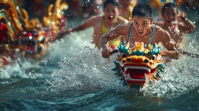 Competitive rowers race dragon boats through splashing water during a traditional festival.