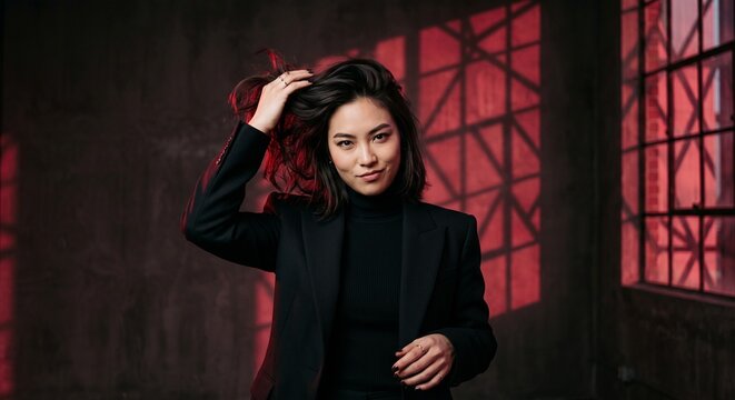 髪をかき上げる、大胆な笑みを見せる黒服の日本人女性のシネマティックポートレート