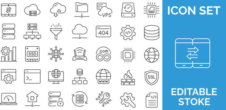 Set of thin line web hosting and server management icons.
