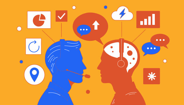 Communication, teamwork, and business strategy concept, colorful vector illustration of two people with speech bubbles and icons