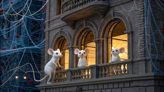 Three white mice standing on a stone balcony of a dark building with blue cobwebs and lights