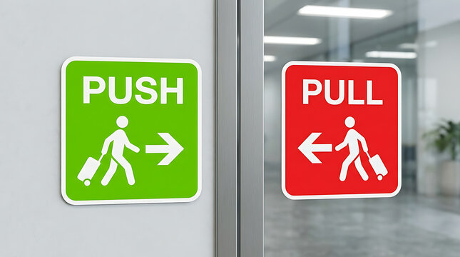 Push pull directional signs on a wall