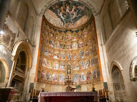 Main altarpiece inside the Old Cathedral of Salamanca, Spain