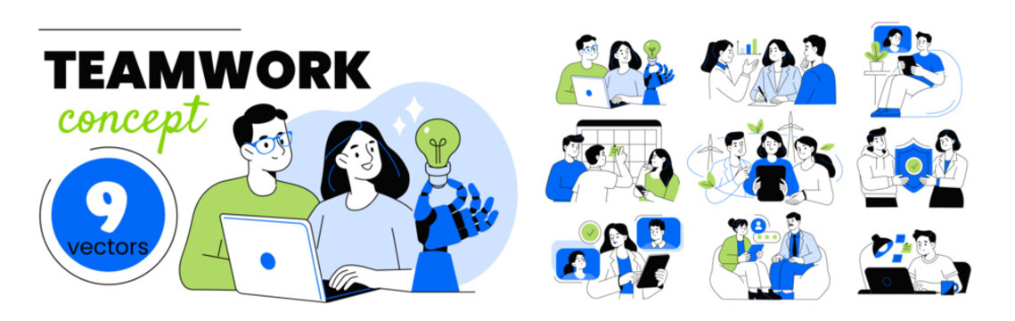 Teamwork characters set. People collaboration, remote work, brainstorming with ai services. Sustainable business and innovation concept. Vector doodle illustration.