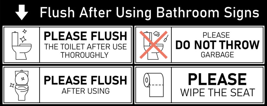 Flush the toilet after use signs, vector icons set