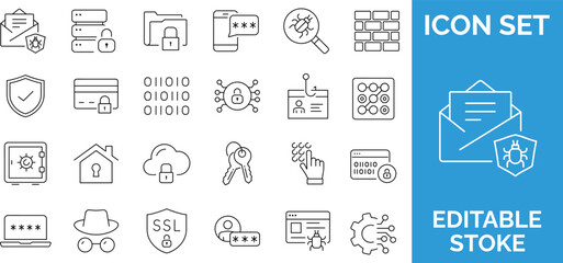 Cyber security and data protection line icons set featuring digital safety elements for privacy and network defense. © Ria