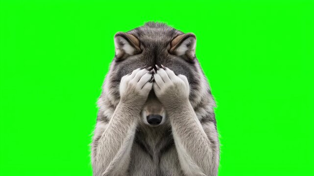 Realistic 3D wolf doing a facepalm gesture, frustration and mistake concept isolated on chroma key green screen background, Covering Face, Disappointment, Stress, Regret, Failure, Error