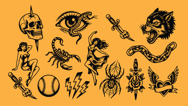 Traditional Tattoo Flash Set Ink Illustration Icons