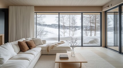 Fototapeta premium Living room with a view of a snowy landscape