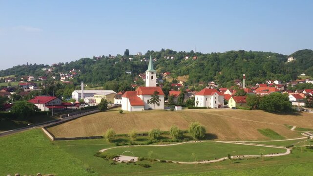 Aerial view of church of Holy Trinity in Sveta Nedelja, Samobor region, Croatia 