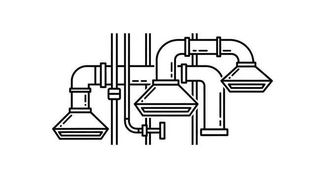 Industrial piping system with valves and ducts.