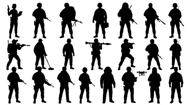 Silhouettes of people holding guns in various poses isolated on transparent background, Vector