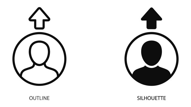User Icon Variations: A comparison of two user icons, one outlined and one silhouetted, with an upward arrow indicating growth or progress.