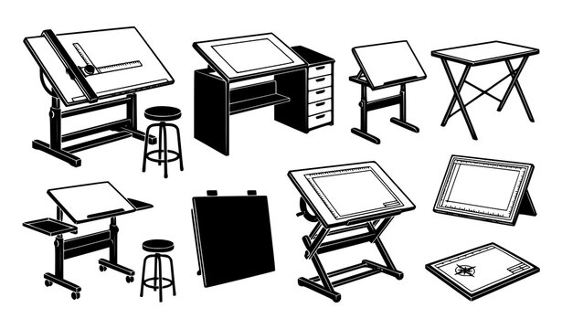 Professional Architect Equipment Icons with Drawing Boards and Drafting Tables Vector Set