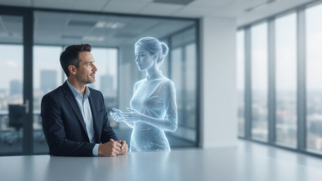 Businessman interacting with holographic artificial intelligence assistant feeling focused and curious in modern office room