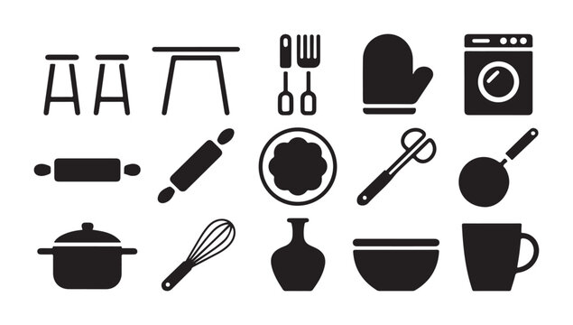 Kitchen furniture and cooking utensils icon set including table chairs and rolling pin icon.