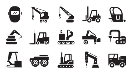 Heavy construction and industrial machinery icons showing cranes forklifts and excavators. © Tanvir