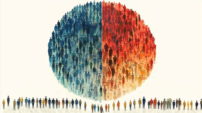 Crowd silhouette forming a data sphere, symbolizing population demography, target audience analysis, market segmentation, and social diversity.