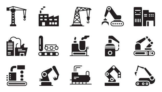 Factory automation and robotic assembly line equipment icons for heavy industry production.