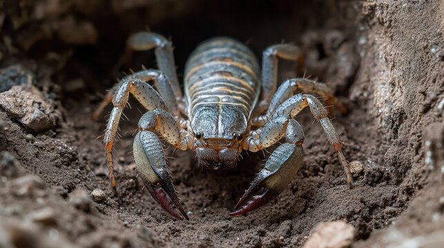 Scorpion emerges from its burrow in the dark soil.