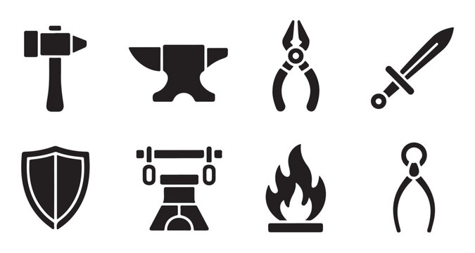 Blacksmith tools anvil hammer pliers sword shield fire forge and tongs set icons.
