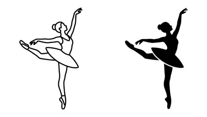 Ballet Dancer Silhouette and Outline: A graceful ballerina striking a dynamic pose, depicted in both a minimalist outline and a solid silhouette, representing the elegance and artistry of dance. © harun