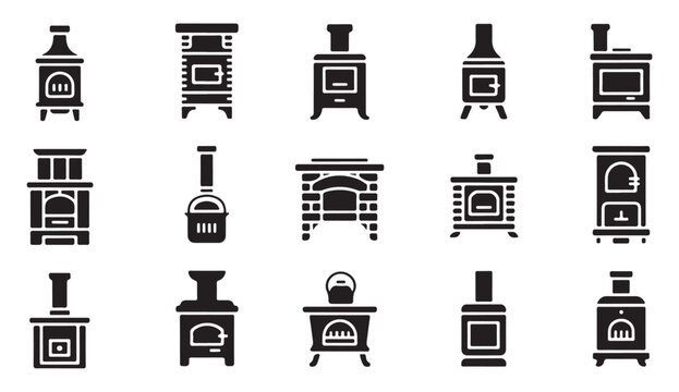 Traditional iron stove and fireplace icons set featuring various vintage heating solutions.