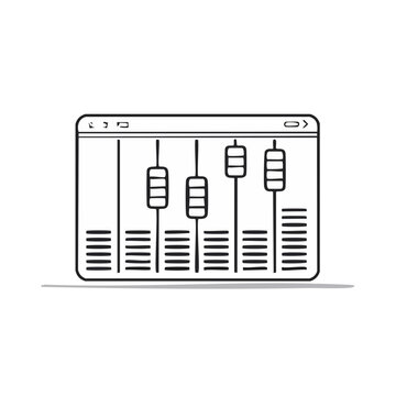 Simple line art of a digital audio mixer with sliders and VU meters