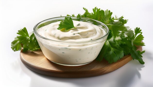 creamy ranch dressing in glass bowl perfect for dipping vegetables or as a salad dressing option on white background