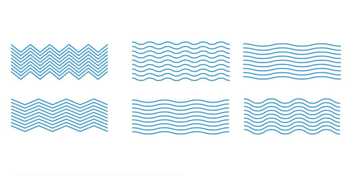 Water waves on white background. Simple set of wavy zigzag lines