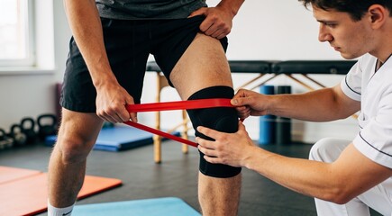 Obraz premium Physiotherapist helping young sportsman recover from injury using resistance band therapy