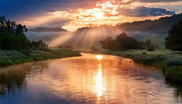 serene sunrise over tranquil river valley with dramatic light rays breaking through clouds and reflecting on water surfaces in natural landscape scene