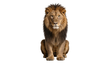 Isolated majestic adult male lion with a magnificent mane sitting calmly, facing forward. © Ana