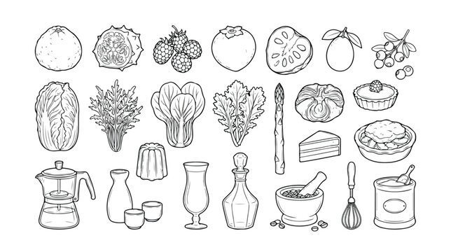 Set of 29 Hand-Drawn Food and Kitchen Utensil Line Art Icons Vector