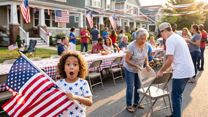 Obraz premium Fourth of July block party with mixed-race child waving large flag for patriotic celebration promotional banners and advertising campaigns