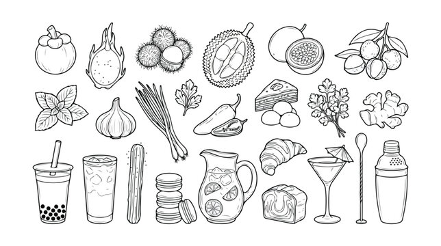 Set of 27 Asian Food and Drink Hand Drawn Outline Icons Vector