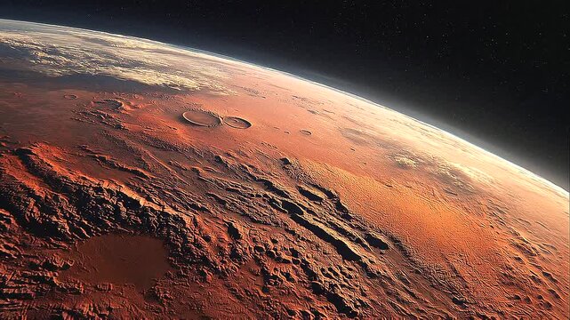 Cinematic close-up of planet Mars from low orbit, detailed red planetary surface with craters, canyons and dusty terrain, deep space background, realistic orbital perspective, dramatic sunlight, plane