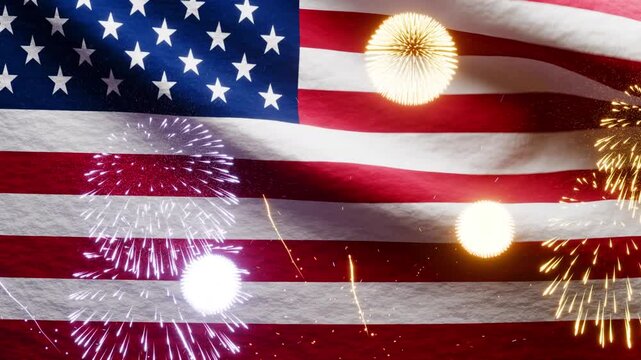 American flag waving with fireworks for the 4th of July
