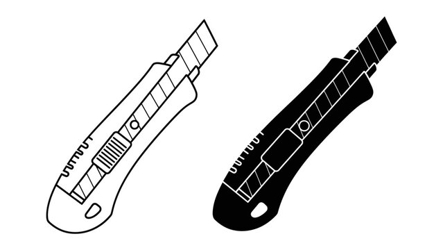 Utility Knife Pair: A graphic representation of a utility knife in both outline and silhouette form, showcasing its sharp blade and ergonomic handle.