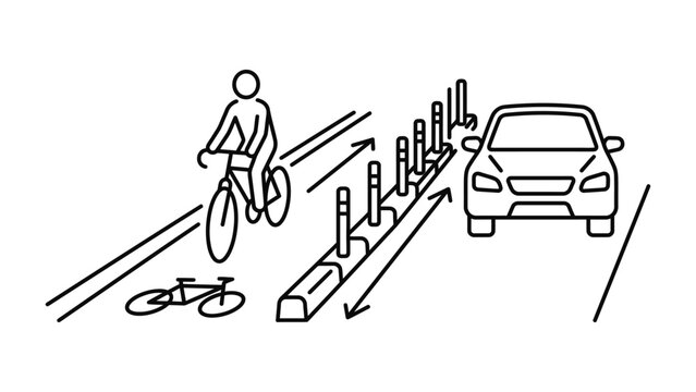 Line art illustration of a protected bicycle lane separated from a car lane.